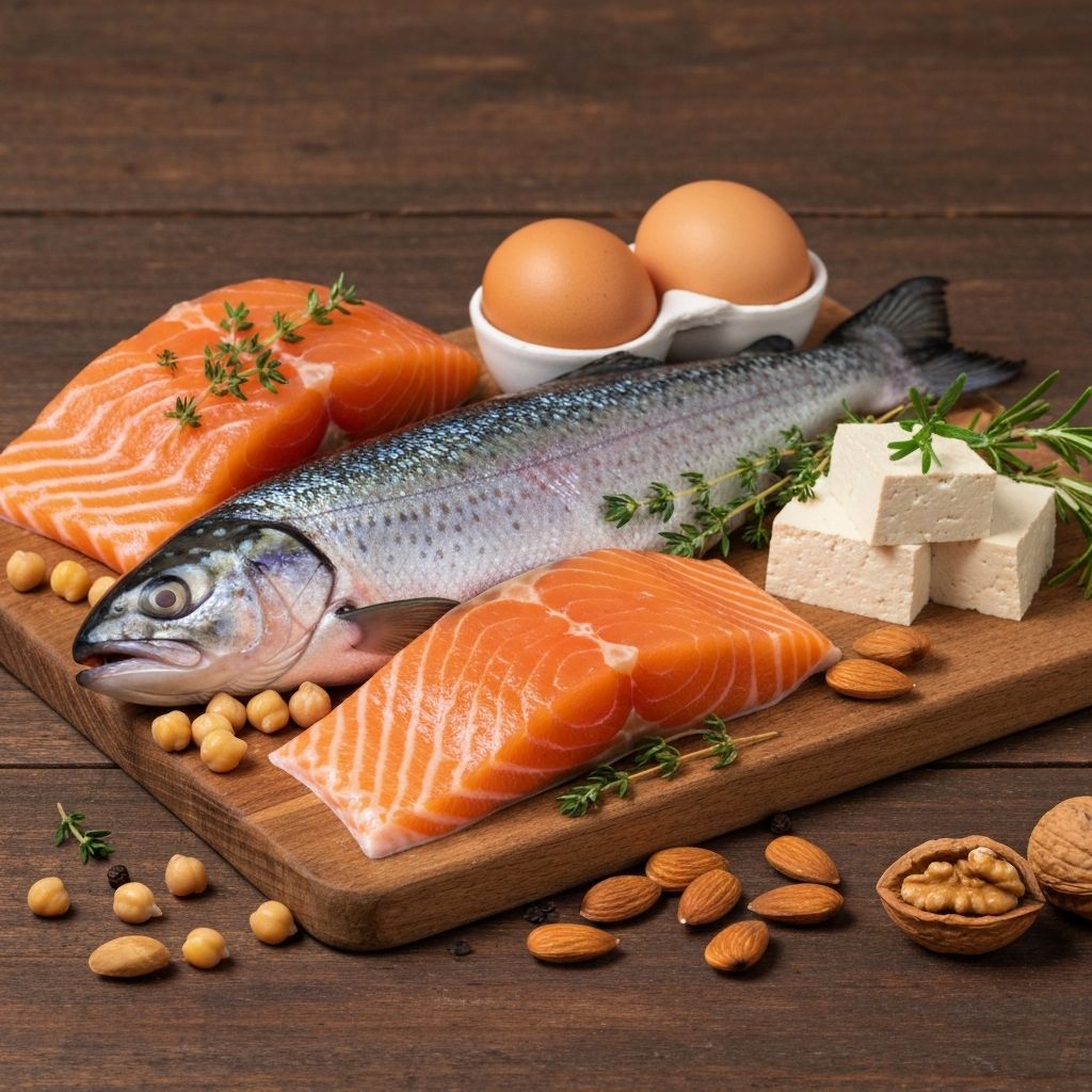 Array of protein-rich foods arranged on wooden surface